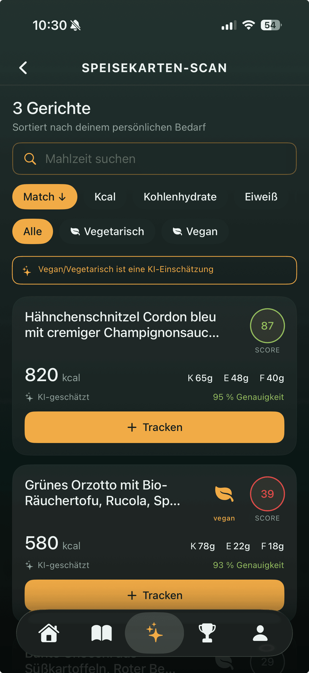 Screenshot der Speisekarten-Empfehlung in der wdiet-App